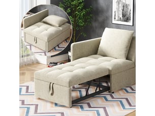Canapé convertible 3 places beige, lit d'appoint tissu lin avec rangement intégré et dossier réglable