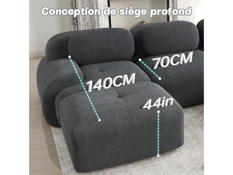  Canapé d'angle modulable 3 places 298cm en velours côtelé gris,confort hautement élastique,accoudoirs galbés,base anti-dérapant 298x178x75cm - Conforama D