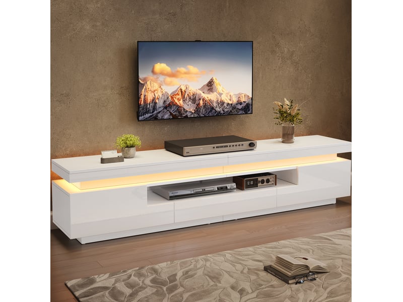  Meuble tv au sol blanc avec led, 2 caissons en l et 1 tiroir - 175 x 38 x 45 cm  - Conforama C