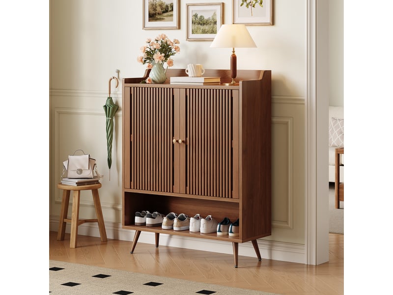 Meuble à chaussures 80x35x105 cm, portes rainurées, niche ouverte et pieds métal, rangement pratique pour entrée et couloir - noyer  - Conforama B