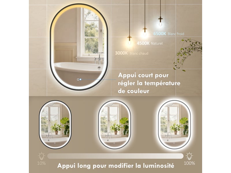 Miroir led de salle de bain antibuée ovale 50x70 cm, tactile, 3 couleurs, cadre noir (91) - Conforama W