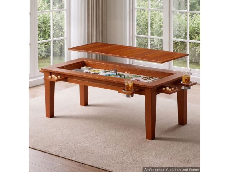  Table basse de jeux de société convertible 1,2x0,6x0,45 m pour 4 joueurs, avec plateau amovible, tapis de jeu, 4 porte-gobelets, tablettes coulissantes, en bois massif, capacité de charge 136 kg  - Conforama A