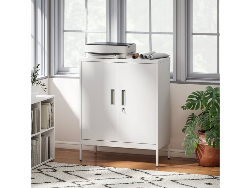Armoire de bureau 2 portes verrouillables avec 2 étagères réglables en acier 80×40×100 cm blanc - Conforama B