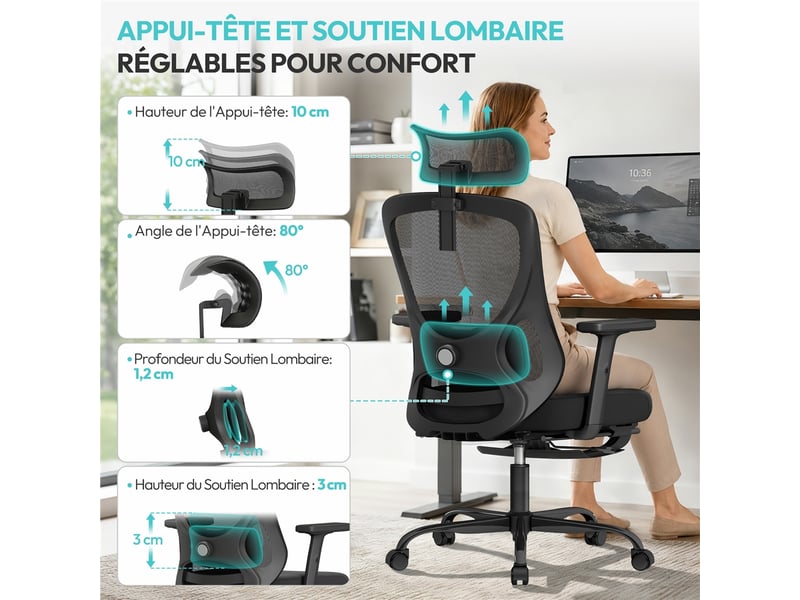  Chaise de bureau ergonomique en maille respirante avec appui-tête, repose-pieds et charge 150 kg 616441 Black - Conforama D
