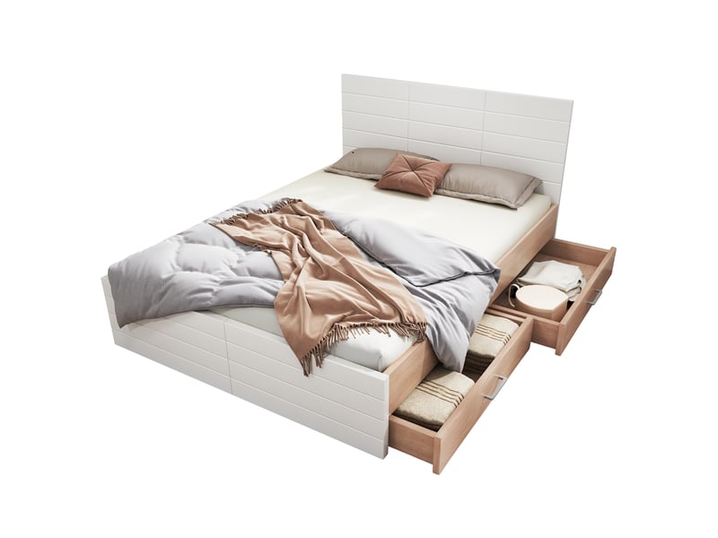  Cadre de lit, lit double 160x200 cm, 2 tiroirs, sommier à lattes, bois massif chêne blanc et clair, matelas inclus  - Conforama R
