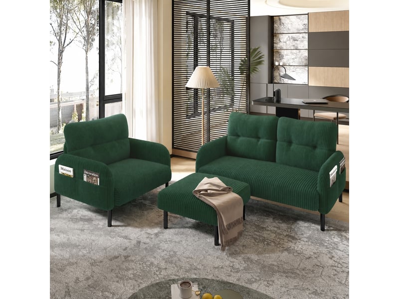  Ensemble canapé fauteuil et pouf en velours côtelé vert émeraude, 4 places, assise profonde  - Conforama C