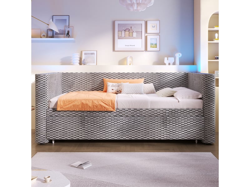  Lit de jour extensible 90 × 200 cm 180 × 200 cm avec sommier, sans matelas, led, velours gris  - Conforama C