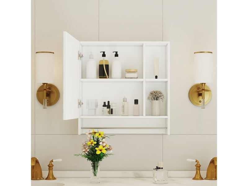  Armoire murale de salle de bain - miroir intégré - mdf blanc - étagères ouvertes - installation murale - compacte  - Conforama E