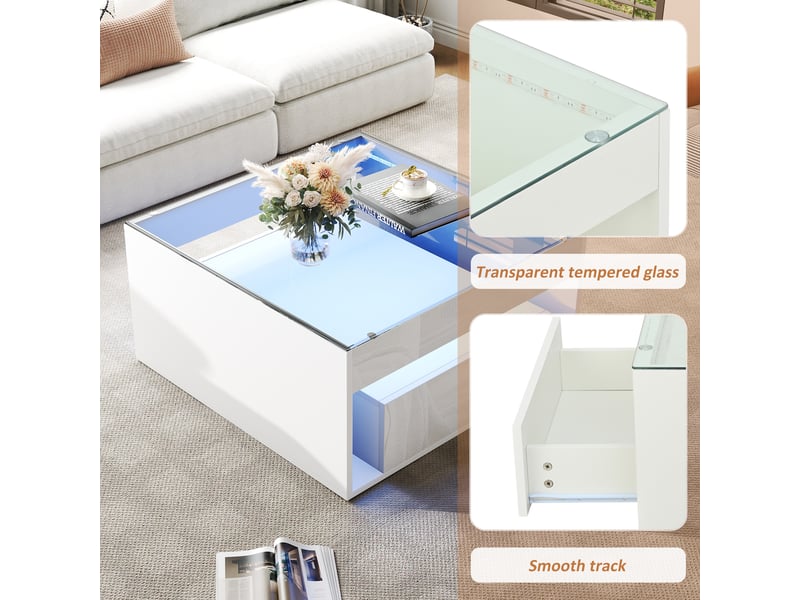 Table basse, avec éclairage led, avec 2 tiroirs, 70 x 70 x h 35 cm, blanc, plateau en verre trempé, structure en mdf, style moderne, pour votre salon Luxe haut de gamme - Conforama E