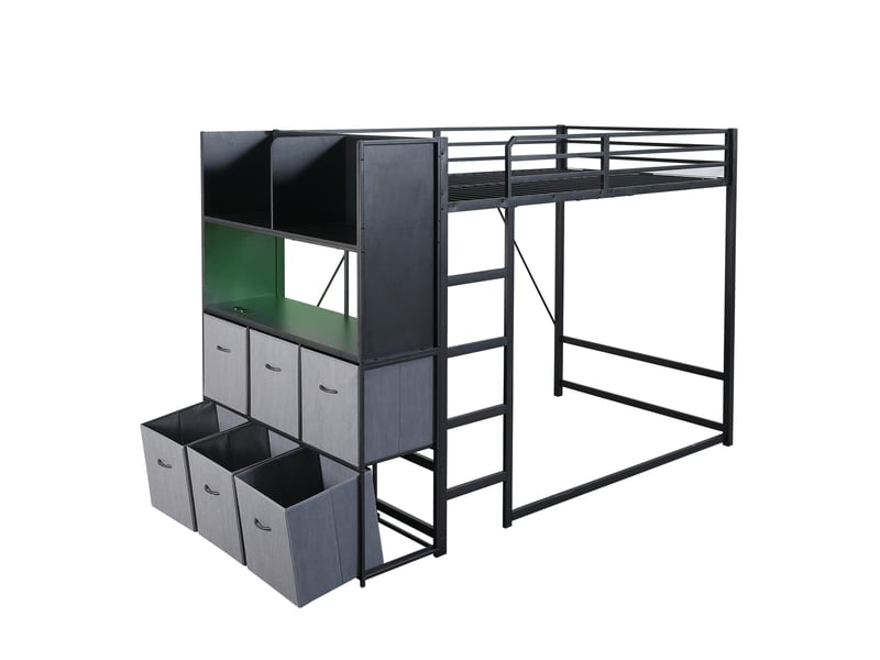 Lit mezzanine 120x200 cm avec rangement, éclairage et station de charge, noir gris, sans matelas - Conforama D
