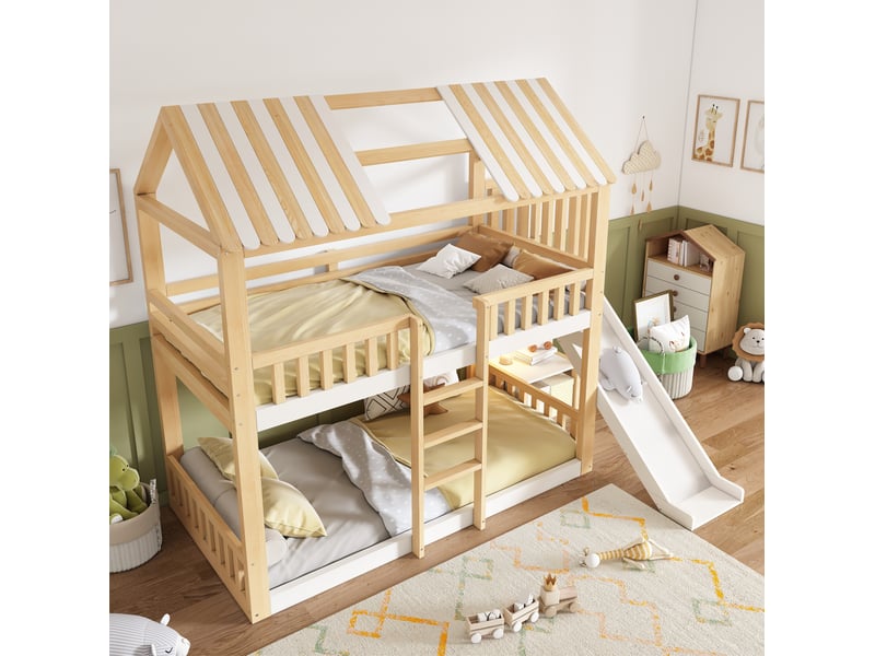  Lit superposé 90x200cm, toboggan, lit cabane, sommier, échelle incluse, lit enfant, espace de rangement, en bois+mdf, blanc et couleur bois  - Conforama D