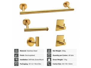 Ensemble de porte-serviettes de salle de bains en acier inoxydable, or 5 pièces, pour