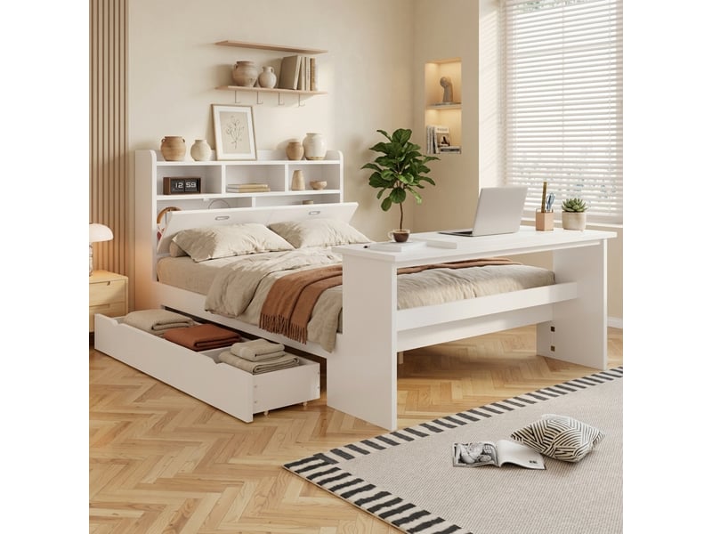  Lit enfant avec rangement, tête de lit étagère, tiroir et table pliante réglable, 140x200cm, blanc et structure bois  - Conforama D