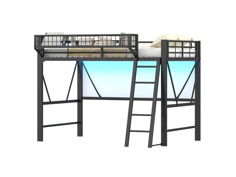  Lit mezzanine 140x200 cm avec panier de rangement métal led noir  - Conforama A