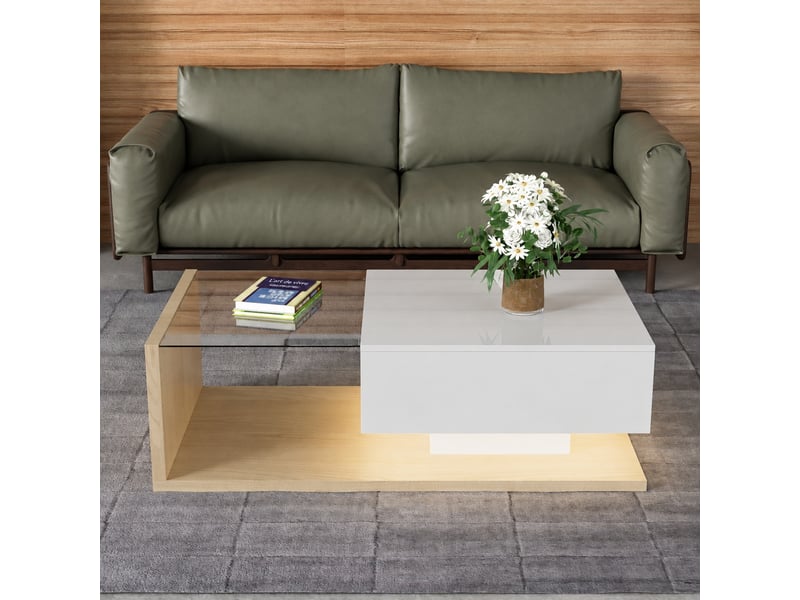  Table basse blanche brillante et effet bois avec éclairage led 16 couleurs, 105 x 55 cm  - Conforama B