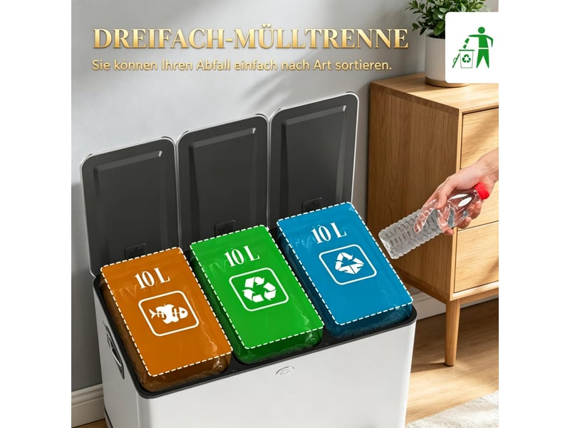 Poubelle tri sélectif - poubelle de cuisine, système de tri des déchets avec 3 compartiments de 10 l chacun, argent - Conforama W