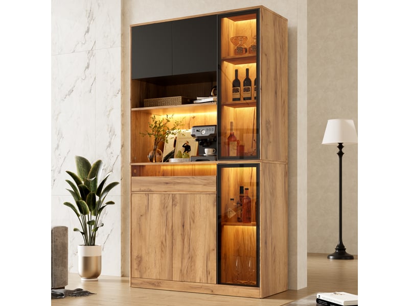  Buffet haut de cuisine 100x40x180 cm, 6 portes dont 2 vitrées, 1 tiroir, led pilotable par application, étagères réglables, effet bois et noir  - Conforama C