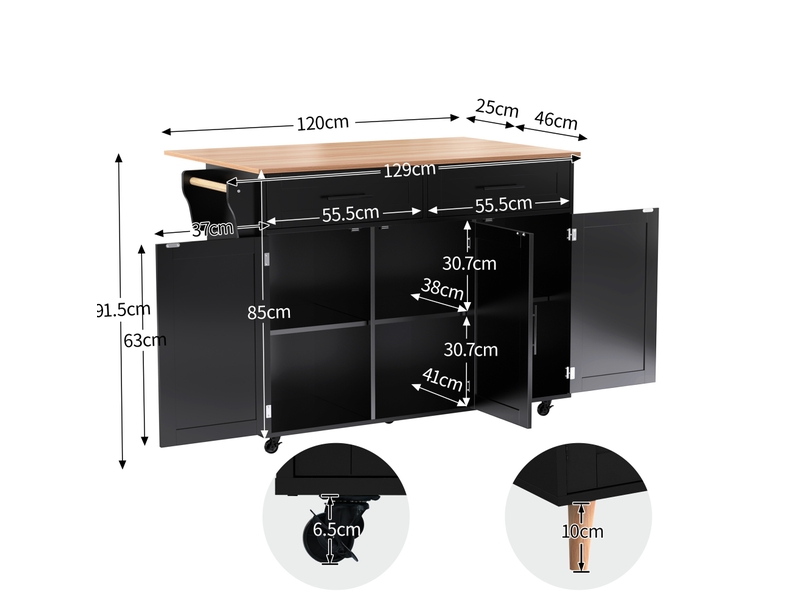 Desserte de cuisine 129x46x91,5 cm noire et naturelle mdf, plateau rabattable et rangement mobile - Conforama C