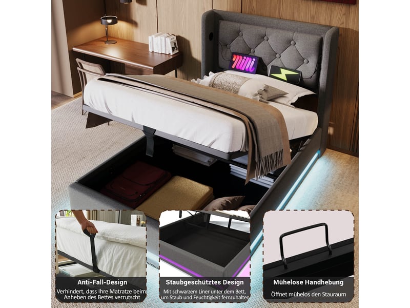  Lit coffre hydraulique 90x200 cm rembourré avec led 3 côtés et usb-c-tête de lit capitonnée-sommier à lattes-gris  - Conforama E