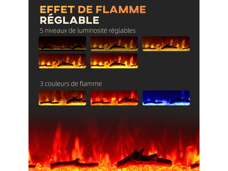 Cheminée électrique murale 1800 w, effet flamme led 3 couleurs, 5 intensités, encastrable - Conforama R