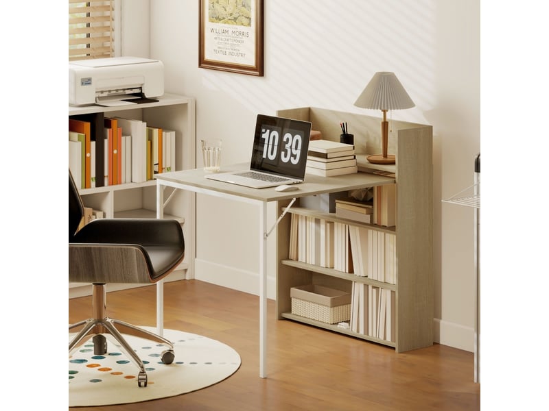  Table extensible avec 3 étagères et plateau rabattable, style industriel, pour cuisine et salle à manger, chêne  - Conforama B