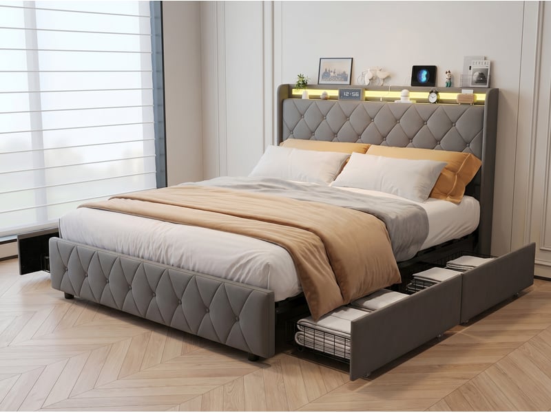  Lit 2 places 160x200 cm - avec éclairage led - tête de lit avec étagère - similicuir pu gris - sommier à lattes inclus  - Conforama D