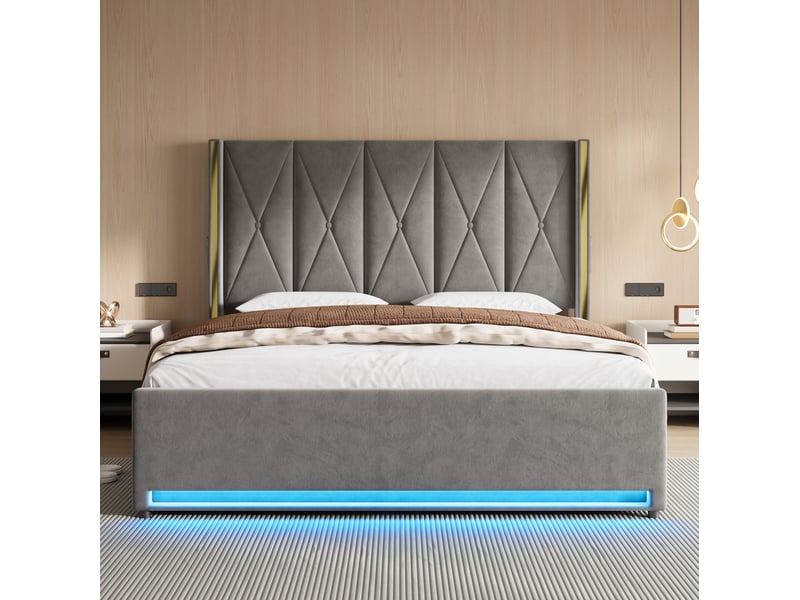  Lit coffre 180x200 cm, lit double, rangement hydraulique, led, port usb, velours gris foncé  - Conforama W
