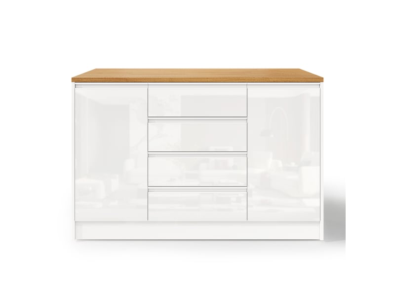  Îlot de cuisine 140 cm avec plan de travail rabattable, plateau aspect bois et façades blanc brillant, meuble de rangement moderne  - Conforama R