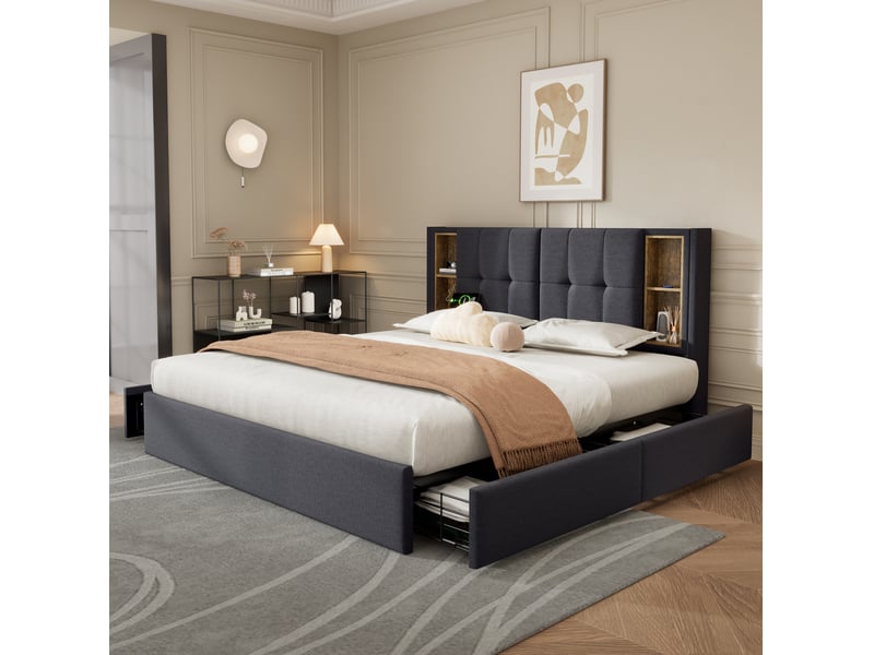Lit rembourré tcqpz 160 x 200 cm avec 4 tiroirs, chargement sans fil, usb et usb-c, sommier à lattes en bois, lin gris - Conforama E