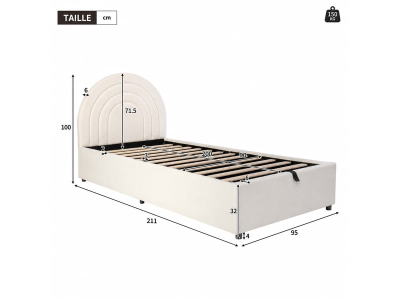  Lit coffre enfant 90x200 cm en tissu bouclé beige avec tête de lit rembourrée  - Conforama W