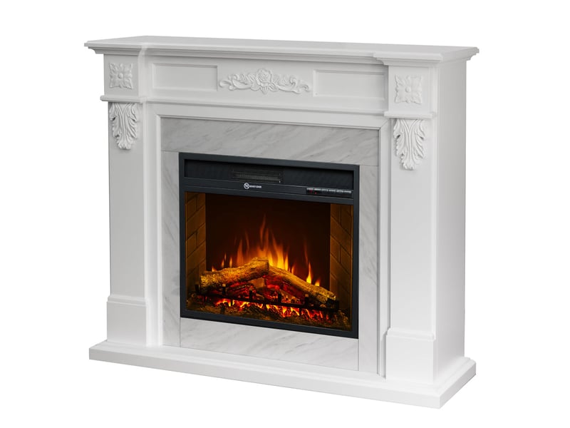 Truman - cheminée électrique sur pied avec effet flamme 121 x 108 x 38 cm, finition bois effet marbre blanc - Conforama A