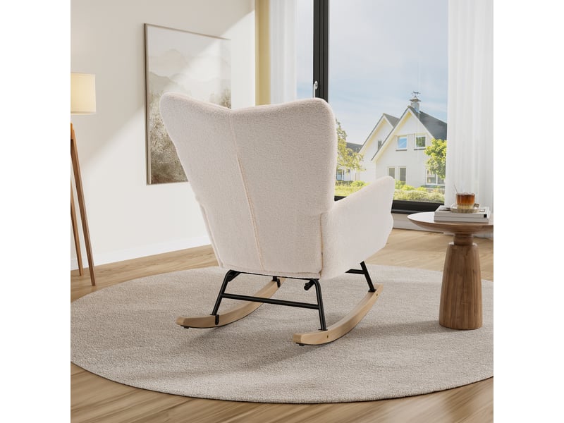  Fauteuil à bascule ulevr avec repose-pieds, 91 x 61 x 88 cm, revêtement sherpa beige, structure en métal et bois  - Conforama E