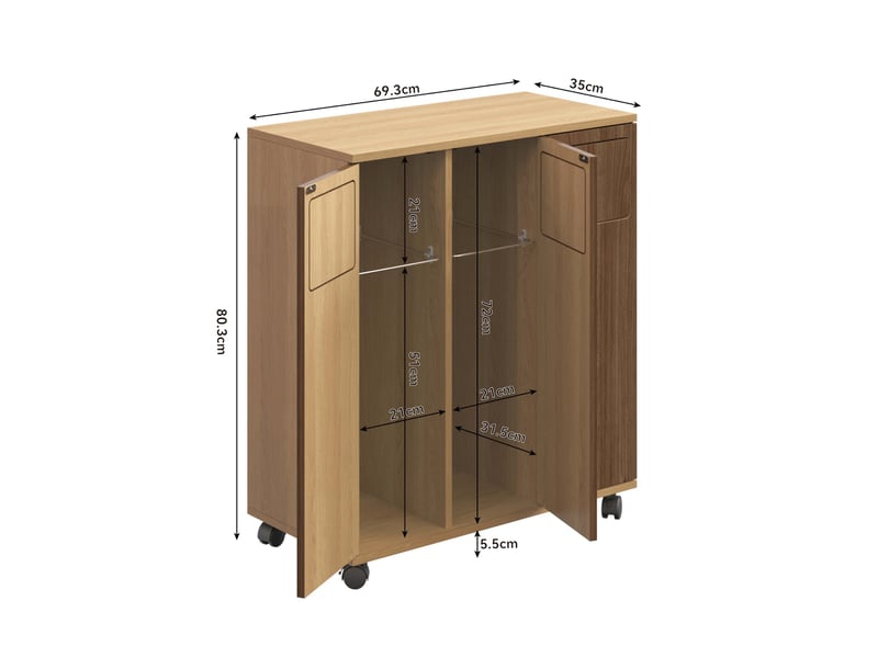  Meuble de tri des déchets 69,3x35x80 cm à roulettes avec 3 portes, pour cuisine, pratique, élégant, en mdf, naturel  - Conforama C