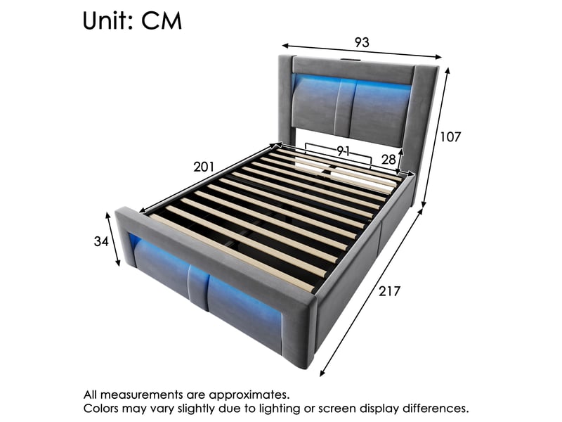  Lit coffre enfant 90x200cm rangement led prises usb type-c recharge rapide tête incurvée velours gris sans matelas  - Conforama C
