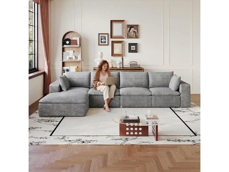  Canapé nuage en velours côtelé 5 places gris foncé modulaire 340 cm  - Conforama B