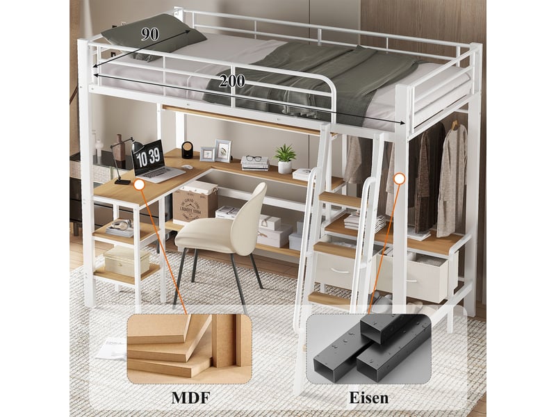 Lit mezzanine 90×200 cm blanc et naturel en fer et mdf, bureau, étagère, 2 boîtes en tissu et escalier à 4 marches - Conforama E