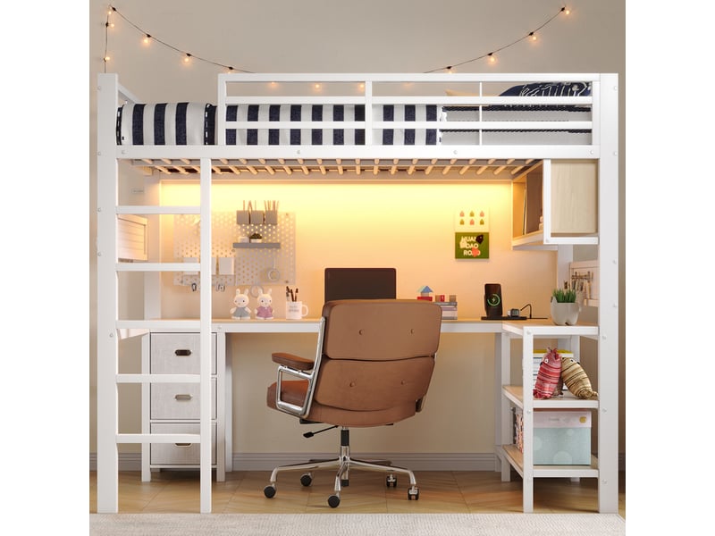 Lit mezzanine en métal, 140 x 200 cm, avec tiroirs, bureau, étagères, panneau perforé, éclairage led et ports usb, blanc - Conforama D
