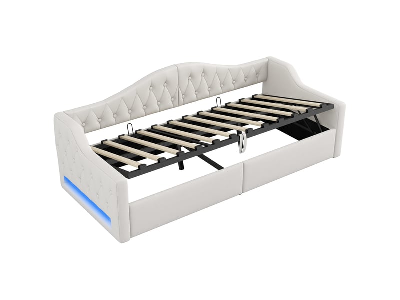 Lit coffre 90x200 cm avec rangement et led, lin, beige, sans matelas - Conforama D