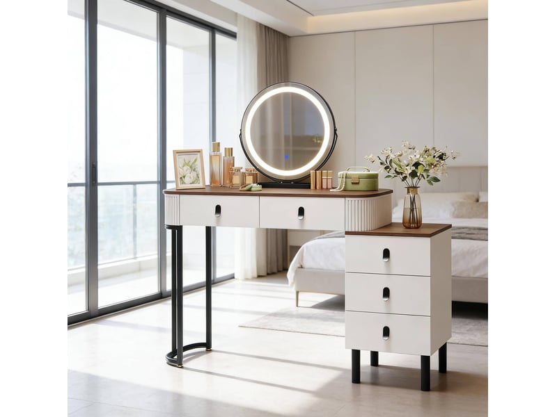  Coiffeuse 100x40x125 cm bicolore avec miroir led et 5 tiroirs  - Conforama E