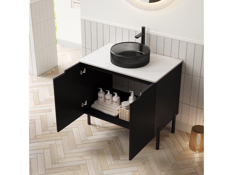  Meuble vasque sur pieds avec double porte et fermeture douce - lpospi - verre et pierre frittée noir blanc  - Conforama B
