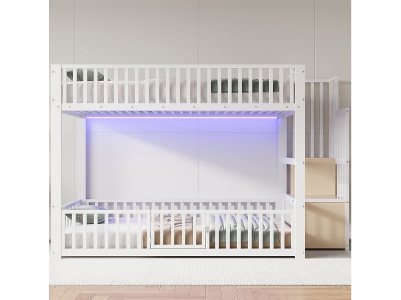 Lit superposé enfant 140x200 cm blanc avec escalier de rangement et led - Conforama D