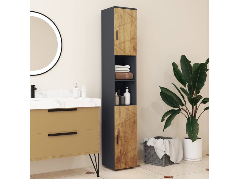  Meuble colonne armoire rangement salle de bain 2 portes étagère réglable 2 niches 30 x 30 x 183 cm gris foncé chêne  - Conforama W