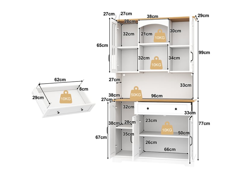  Buffet de cuisine haut led avec portes vitrées, tiroir et étagères réglables, pour cuisine, blanc, 100 × 38 × 178 cm  - Conforama D