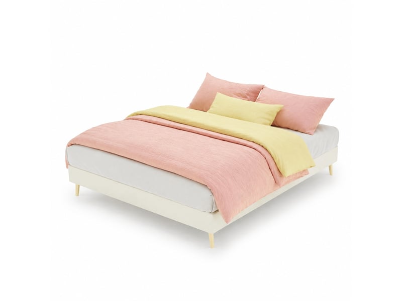 Lit rembourré 140 × 200 cm 2 places avec rangement sous le lit, sans matelas, en tissu beige - Conforama A