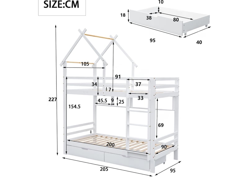  Lit superposé enfant 90x200 cm – blanc – maison avec tiroirs, étagères et échelle à 3 marches – sans matelas  - Conforama C