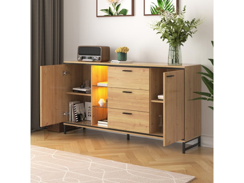  Buffet 2 porte(s) 3 tiroir(s) - 160 cm naturel led panneau de particules buffet naturel - Conforama E
