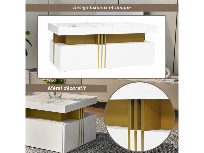 Ensemble meuble tv blanc et table basse, meuble tv blanc 200 cm, effet marbre et détails dorés - Conforama E