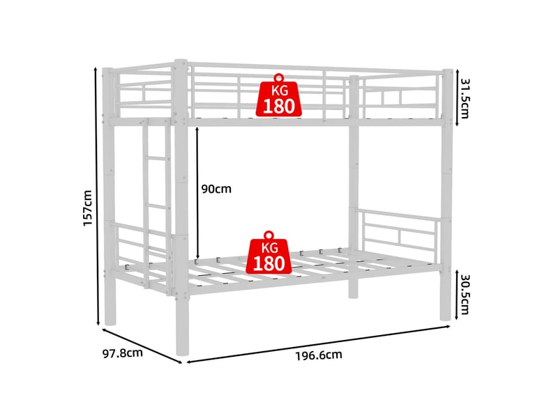  Lit superposé 90x190 cm convertible en 2 lits simples avec échelle et barrières métal blanc sans matelas  - Conforama C