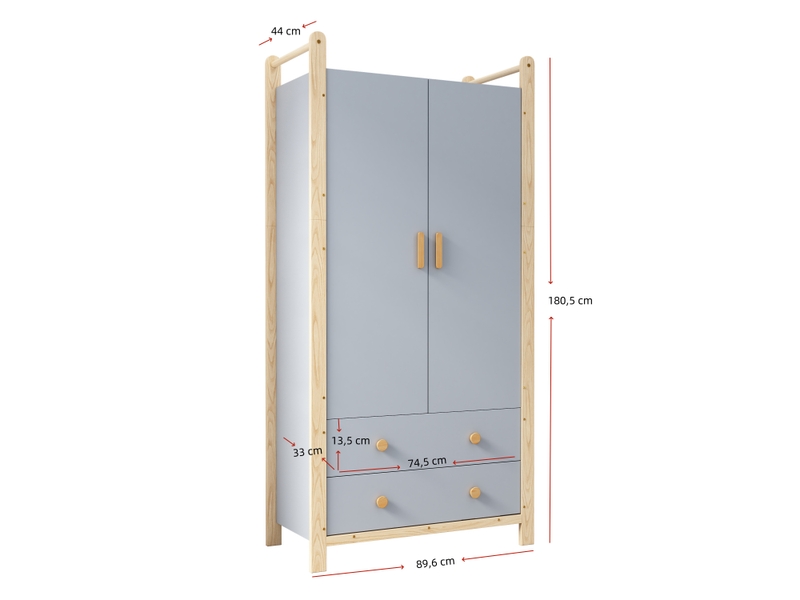  Armoire penderie 2 portes 90x45x180 cm avec 2 tiroirs et barre de penderie, cadre en pin et corps en panneaux de particules - blue et naturel  - Conforama D