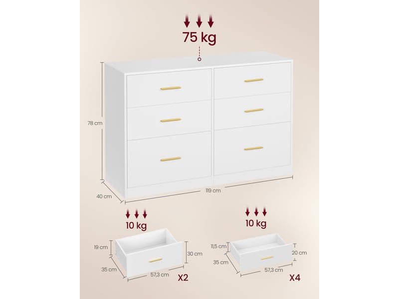  Commode de chambre moderne 40 x 119 x 78 cm 6 tiroirs espace de rangement fonctionnel en panneau d'aggloméré blanc 12_0013173  - Conforama B